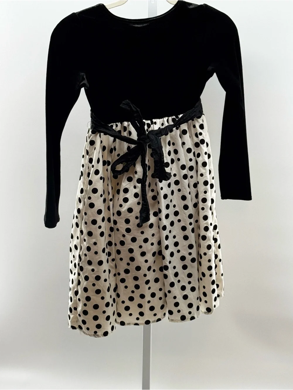 Black & Cream Polka Dot Long-Sleeve Dress with Red Accent for Kids